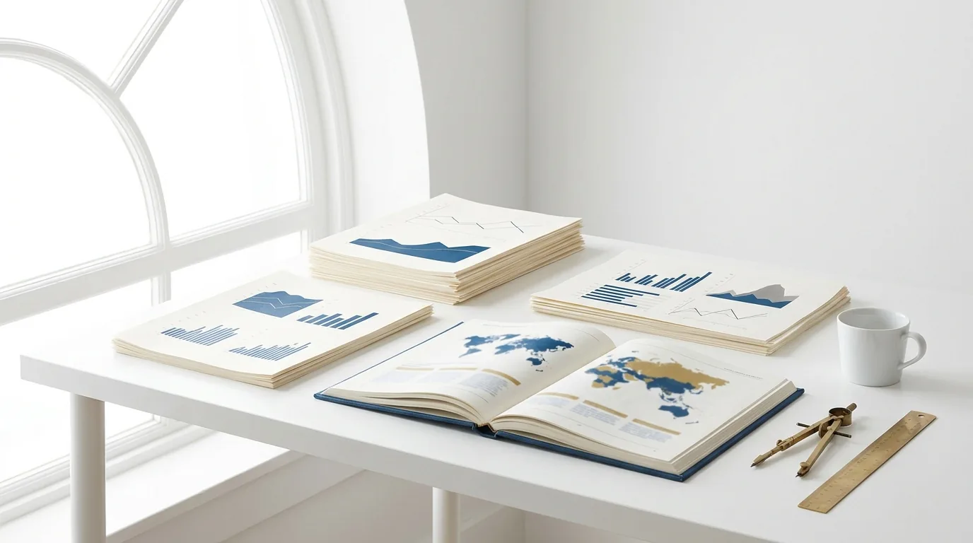 Research Scene | The HE Sector A bright desk displays books, charts and office supplies for higher education research.