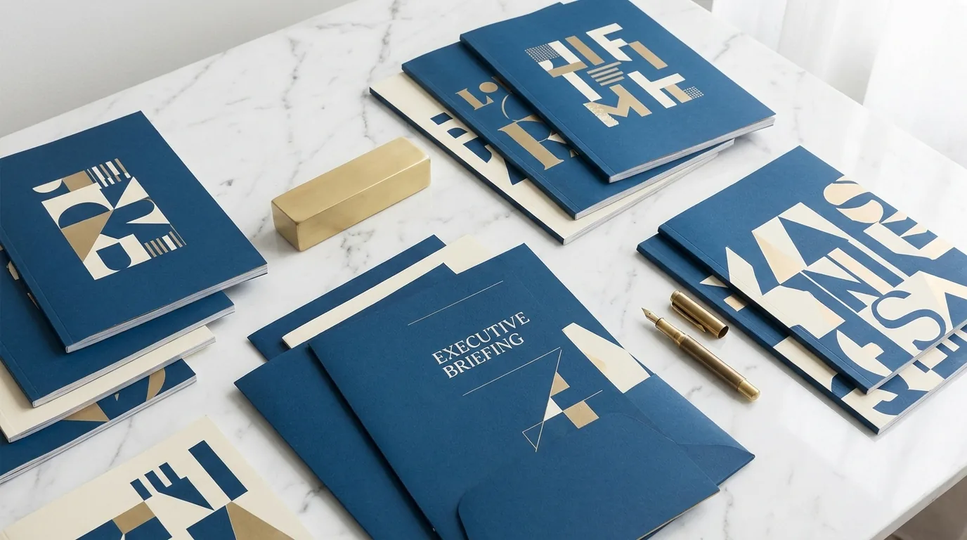 Scholar-blue magazine covers fanned across a white marble desk