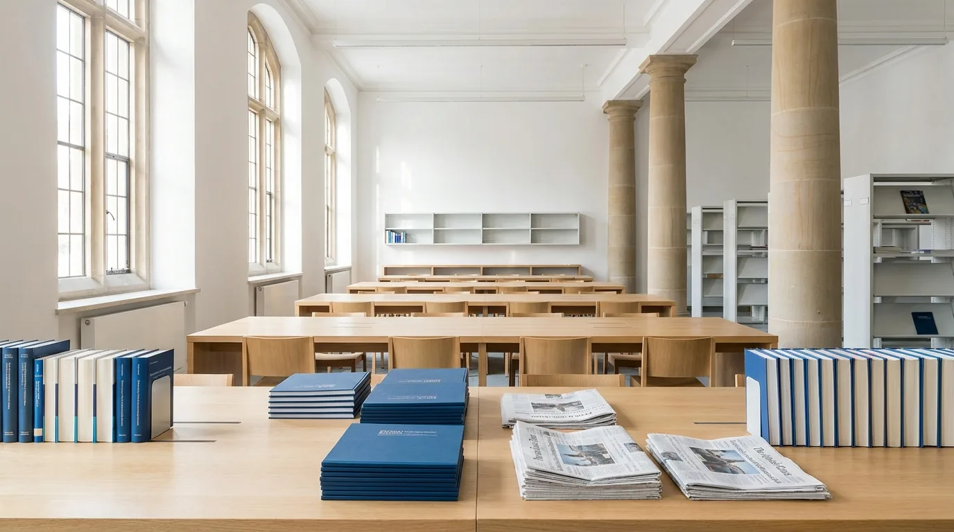 A bright university reading room with stacked scholar-blue journals