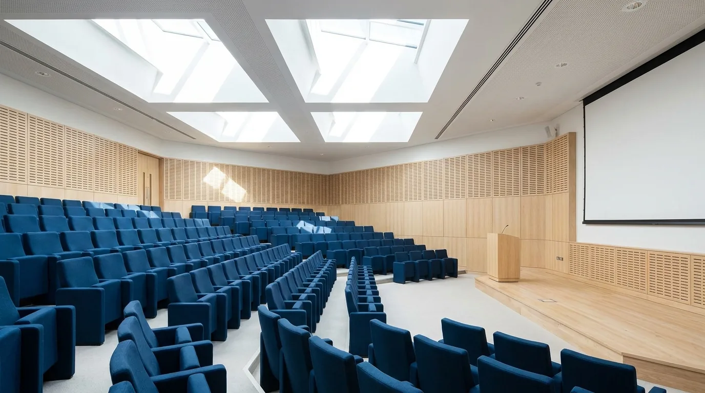 University Auditorium | The HE Sector A spacious auditorium with blue seats is ready for an event in higher education.